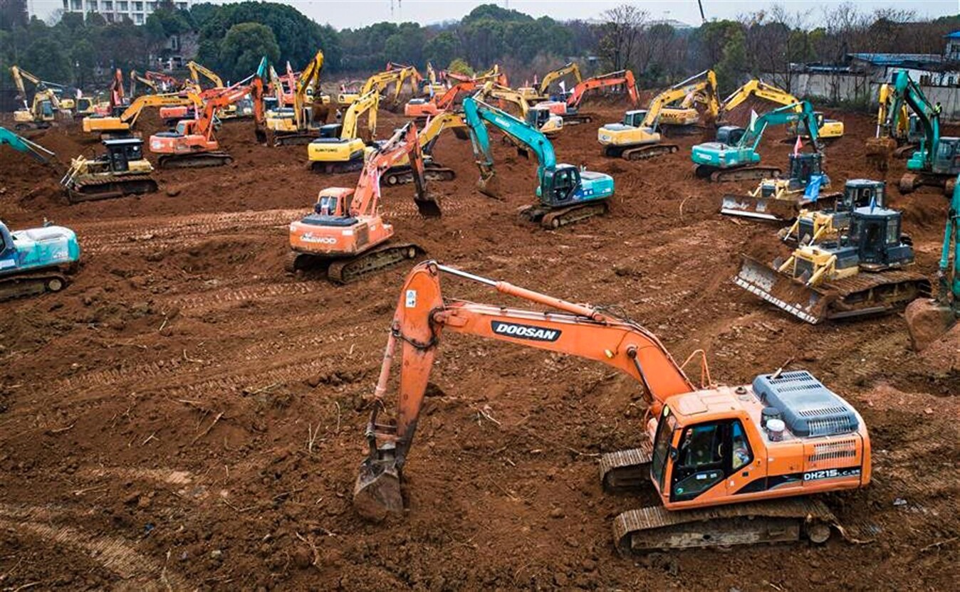 Excavator army operating in Wuhan, China