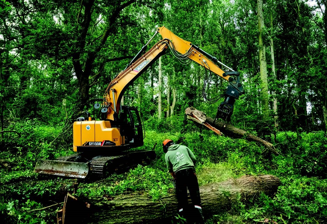 Sany SY155U excavator on storm clear-up operation